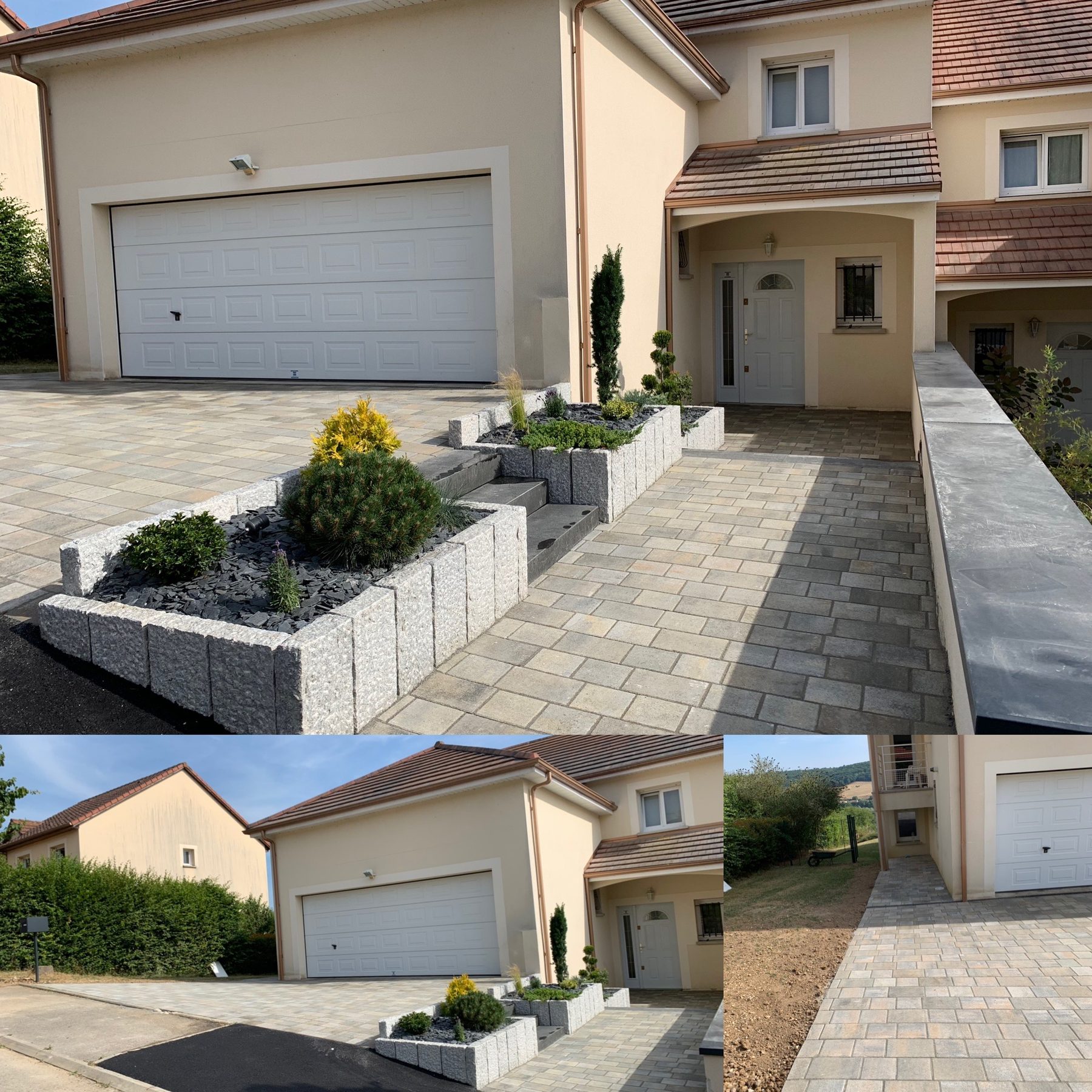Entrée pavée avec jardinières en palis de granit